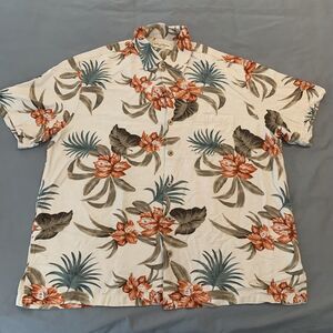 Caribbean‎ Pure Silk Shirt Mens XL White Floral Hawaiian Button Up Camp Vacation